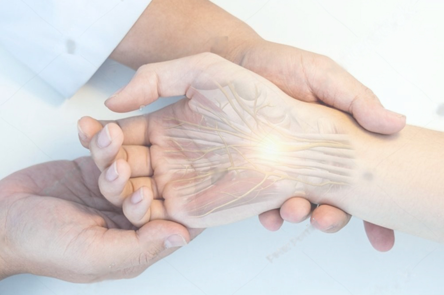 Two hands, one with its peripheral nerves drawn over the skin